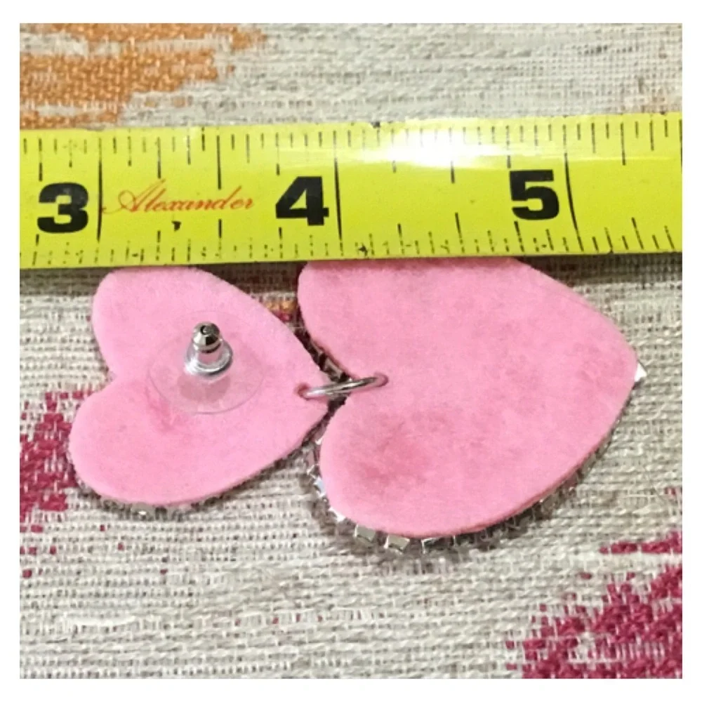 New! Large Pink Bead Rhinestone Hearts Studded Earrings